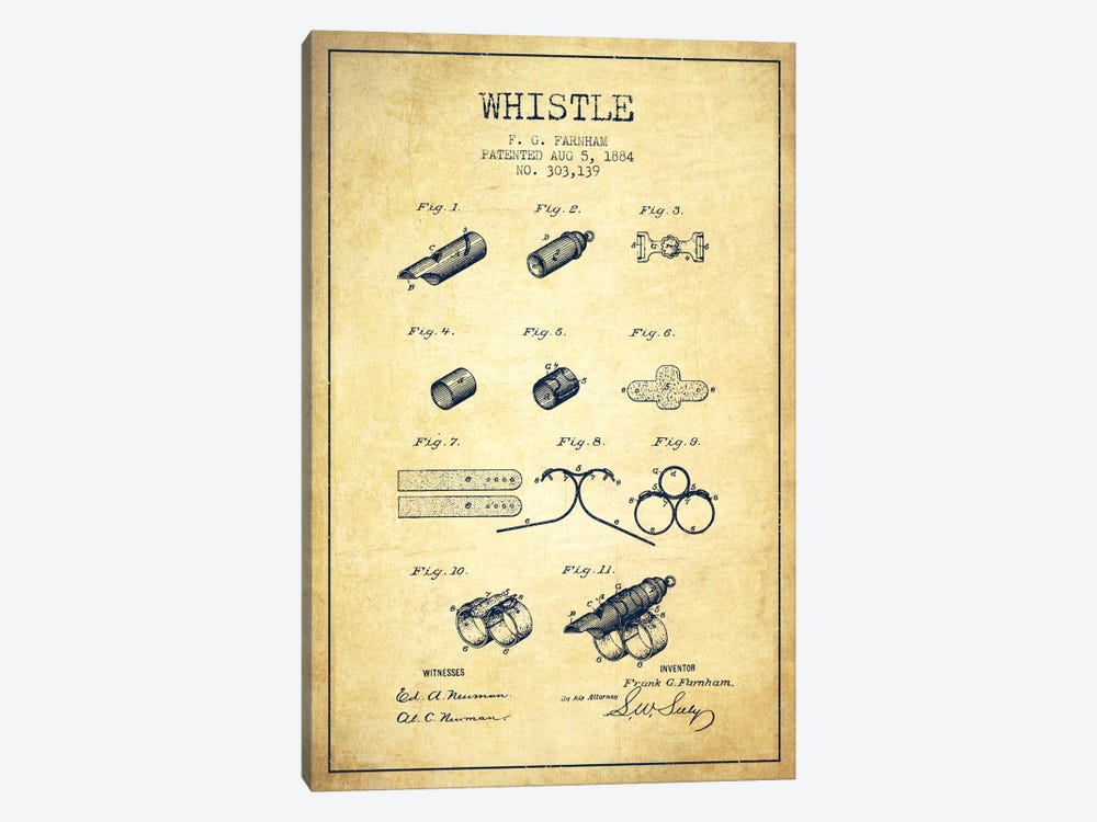 Whistle 1 Vintage Patent Blueprint by Aged Pixel 1-piece Canvas Wall Art