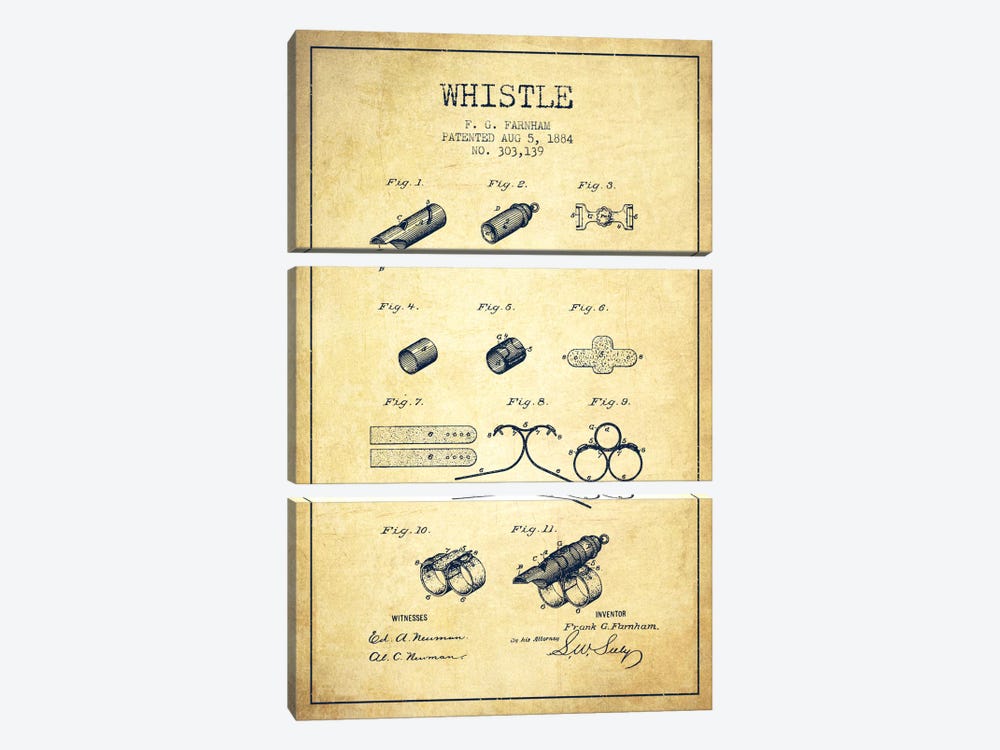 Whistle 1 Vintage Patent Blueprint by Aged Pixel 3-piece Canvas Artwork