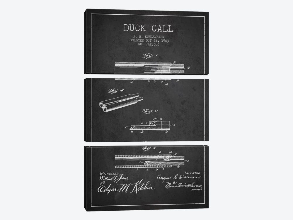 Duck Call Charcoal Patent Blueprint by Aged Pixel 3-piece Art Print
