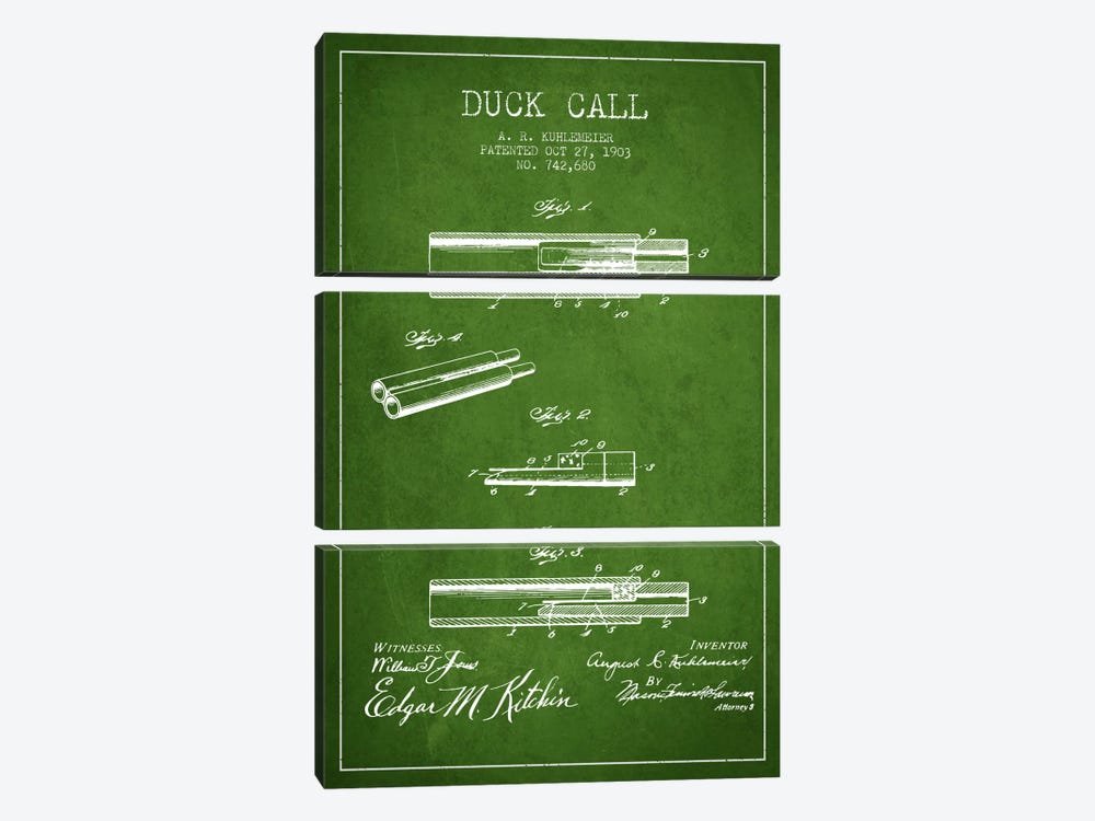 Duck Call Green Patent Blueprint by Aged Pixel 3-piece Canvas Print