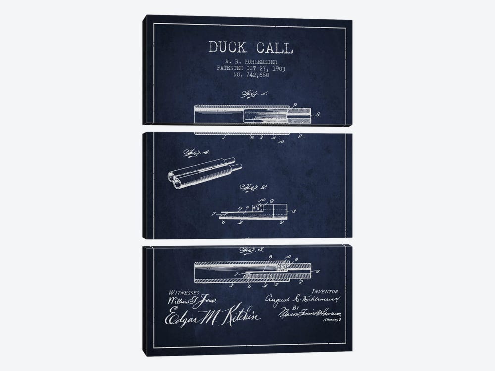 Duck Call Navy Blue Patent Blueprint by Aged Pixel 3-piece Canvas Art