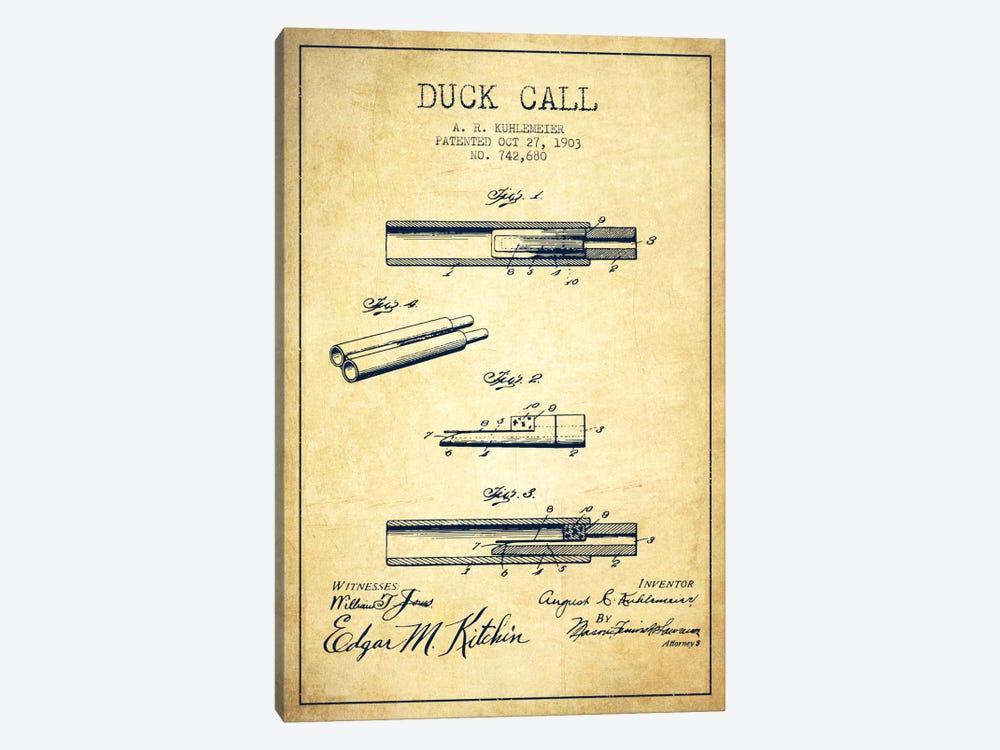 Duck Call Vintage Patent Blueprint by Aged Pixel 1-piece Canvas Wall Art
