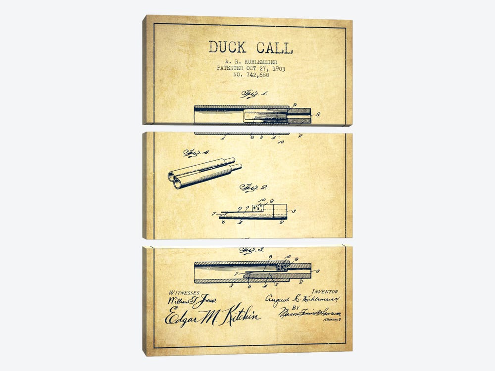 Duck Call Vintage Patent Blueprint by Aged Pixel 3-piece Canvas Wall Art