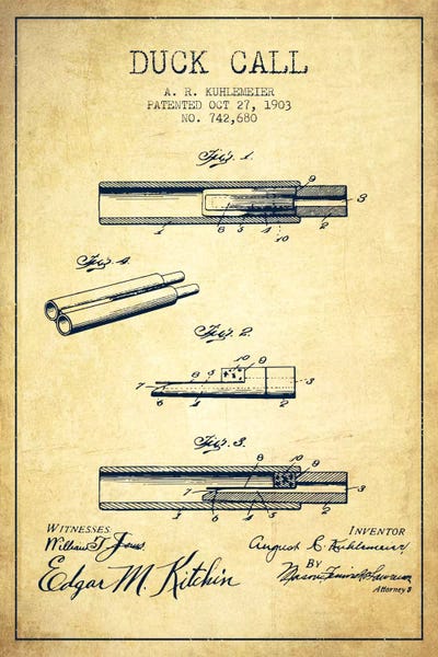 Music Blueprints: Duck Call Vintage Patent Blueprint by Aged Pixel