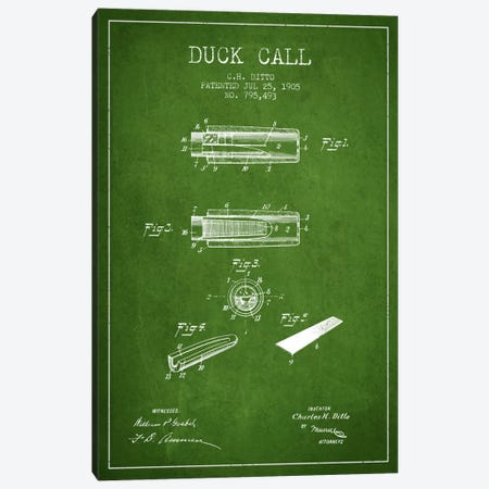 Duck Call 2 Green Patent Blueprint Canvas Print #ADP1125} by Aged Pixel Canvas Artwork