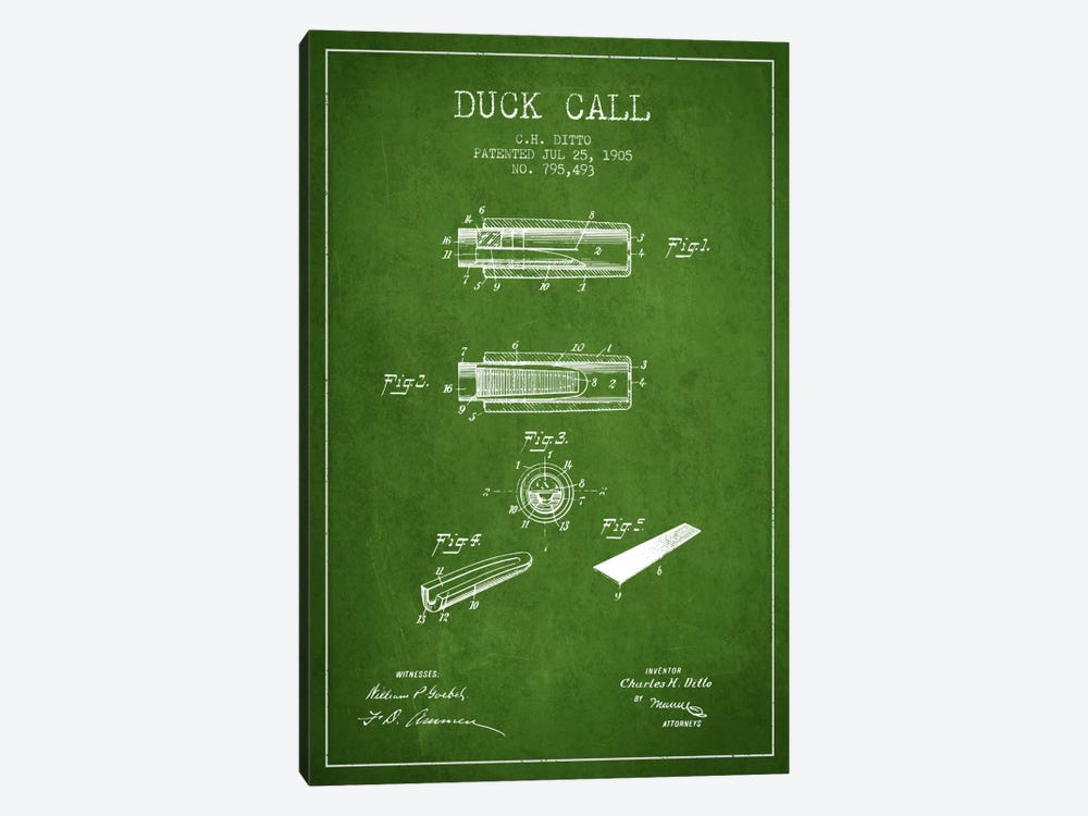 Duck Call 2 Green Patent Blueprint by Aged Pixel 1-piece Canvas Wall Art