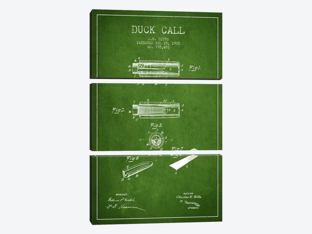 Duck Call 2 Green Patent Blueprint by Aged Pixel 3-piece Canvas Art