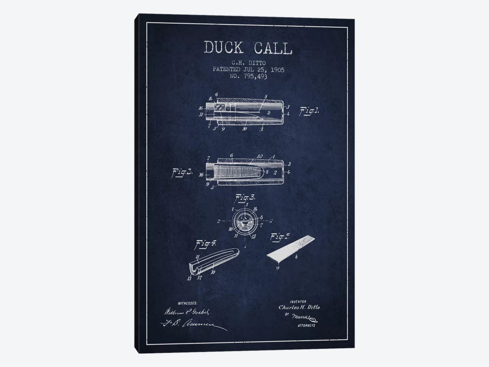 Duck Call 2 Navy Blue Patent Blueprint by Aged Pixel 1-piece Canvas Print