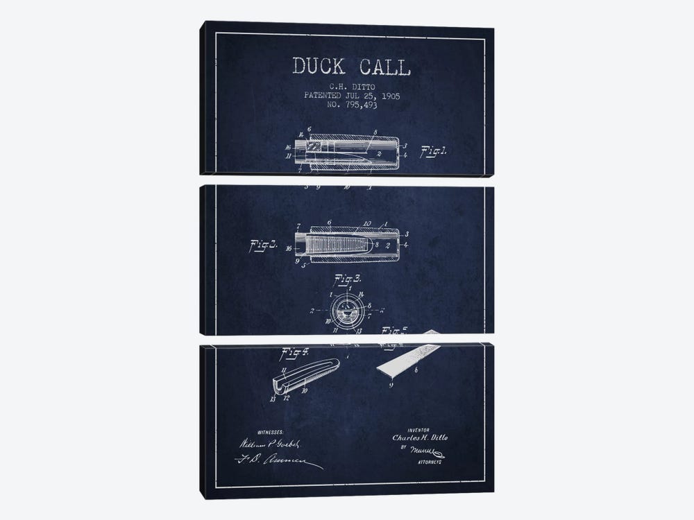 Duck Call 2 Navy Blue Patent Blueprint by Aged Pixel 3-piece Canvas Art Print