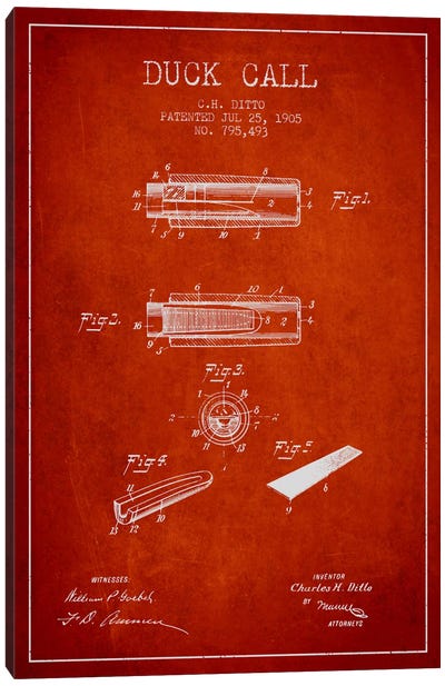 Duck Call 2 Red Patent Blueprint Canvas Art Print - Musical Instrument Art