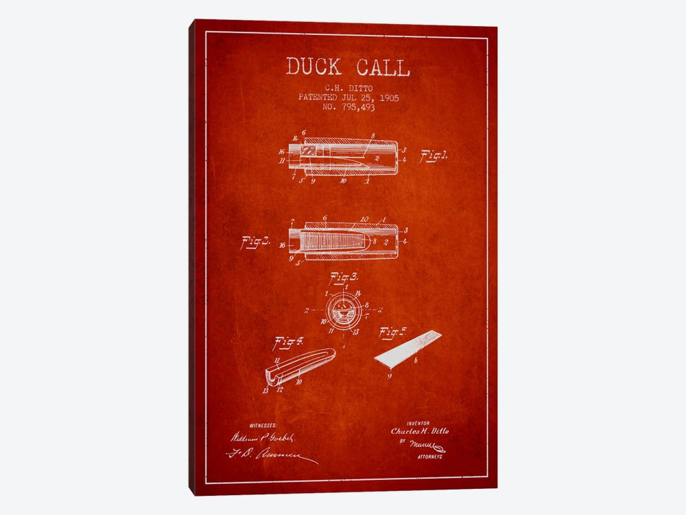 Duck Call 2 Red Patent Blueprint by Aged Pixel 1-piece Canvas Wall Art
