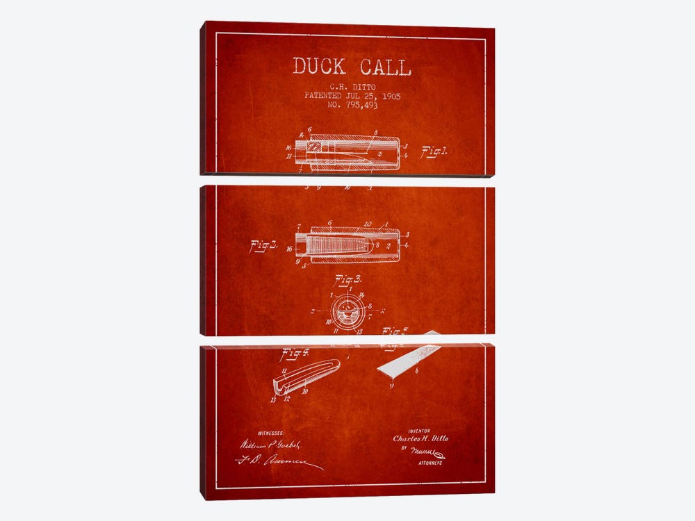 Duck Call 2 Red Patent Blueprint by Aged Pixel 3-piece Canvas Artwork