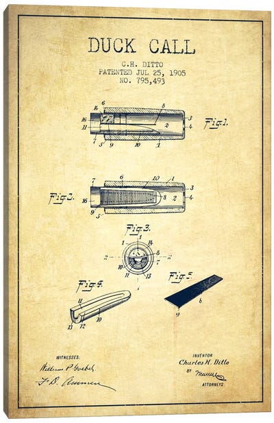 Duck Call 2 Vintage Patent Blueprint Canvas Art Print - Aged Pixel: Music