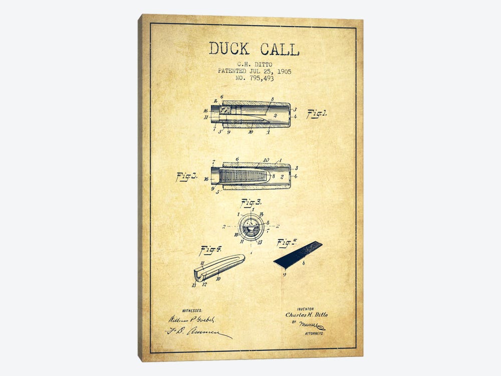 Duck Call 2 Vintage Patent Blueprint by Aged Pixel 1-piece Art Print