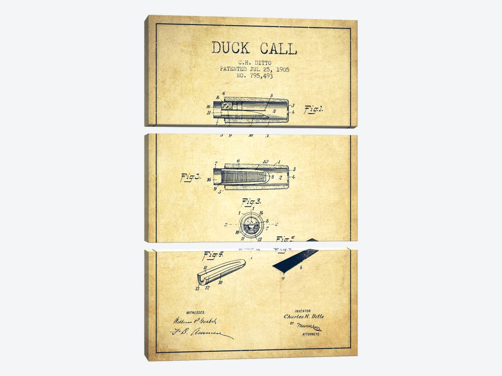 Duck Call 2 Vintage Patent Blueprint by Aged Pixel 3-piece Canvas Print