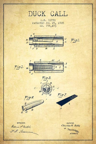 Music Blueprints: Duck Call 2 Vintage Patent Blueprint by Aged Pixel