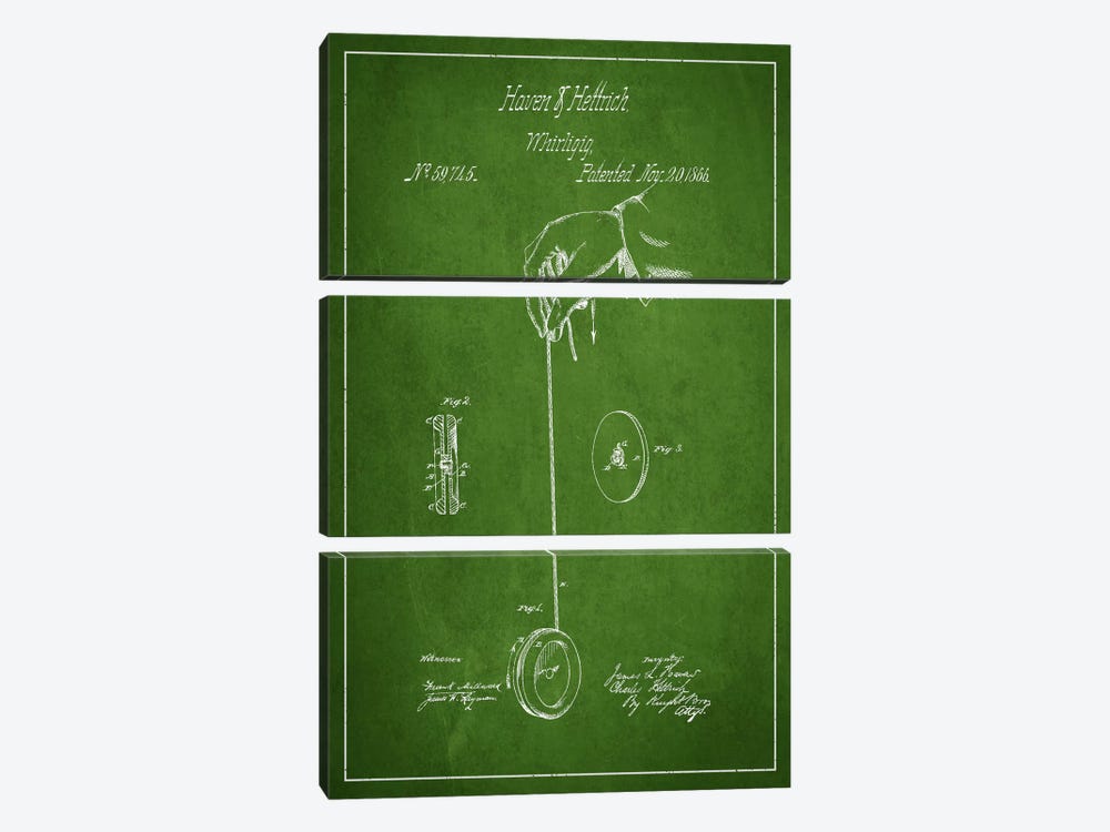 Yoyo Green Patent Blueprint by Aged Pixel 3-piece Canvas Art Print