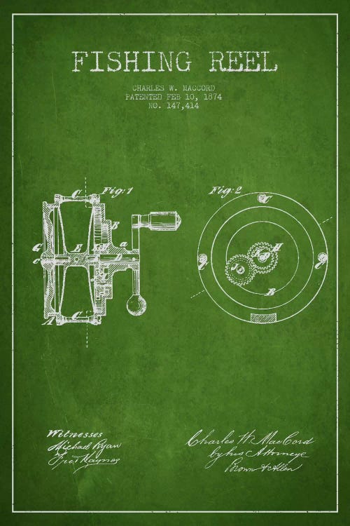 Fishing Reel Green Patent Blueprint by Aged Pixel wall art