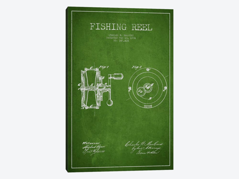 Fishing Reel Green Patent Blueprint by Aged Pixel 1-piece Canvas Wall Art