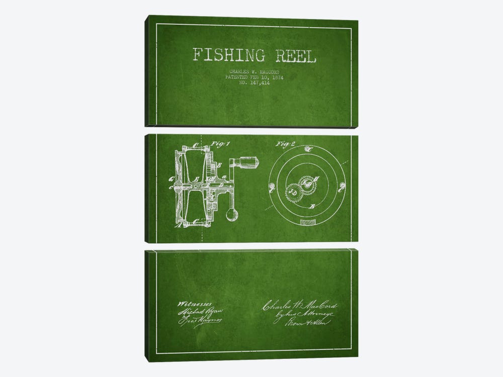 Fishing Reel Green Patent Blueprint by Aged Pixel 3-piece Canvas Artwork