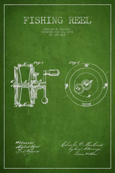 Fishing: Fishing Reel Green Patent Blueprint by Aged Pixel