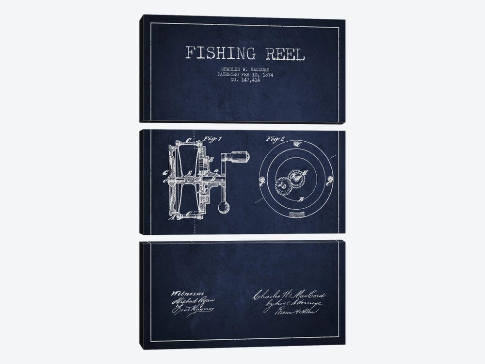 Fishing Reel Navy Blue Patent Blueprint by Aged Pixel 3-piece Canvas Print