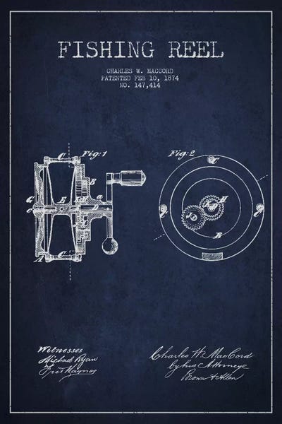 Sports Blueprints: Fishing Reel Navy Blue Patent Blueprint by Aged Pixel