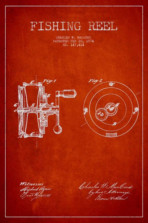 Fishing Reel Red Patent Blueprint