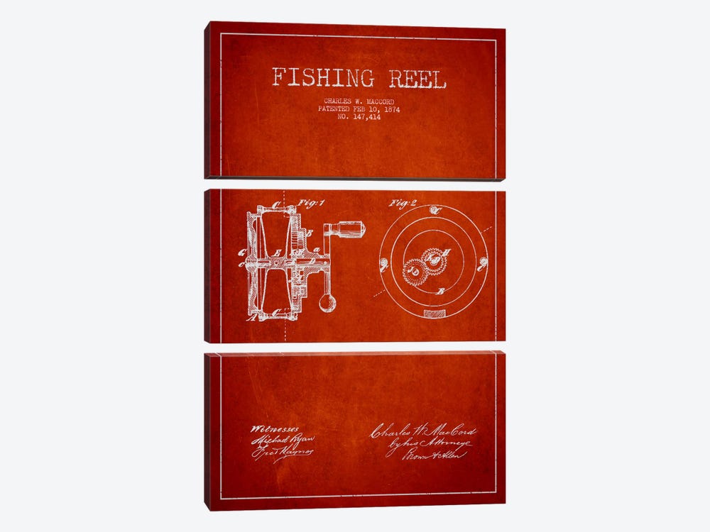 Fishing Reel Red Patent Blueprint by Aged Pixel 3-piece Canvas Wall Art