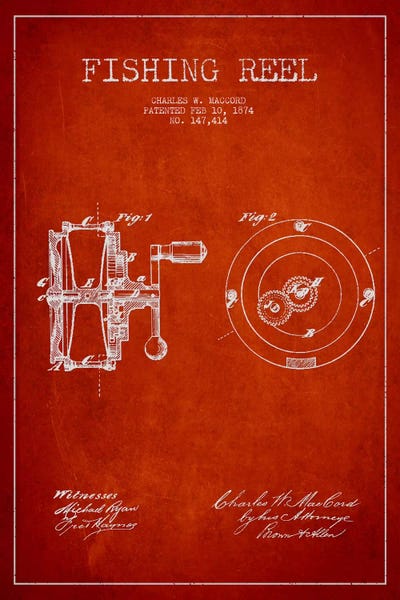 Fishing: Fishing Reel Red Patent Blueprint by Aged Pixel
