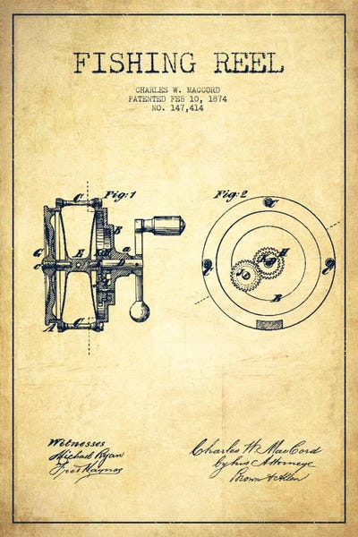 Sports Blueprints: Fishing Reel Vintage Patent Blueprint by Aged Pixel