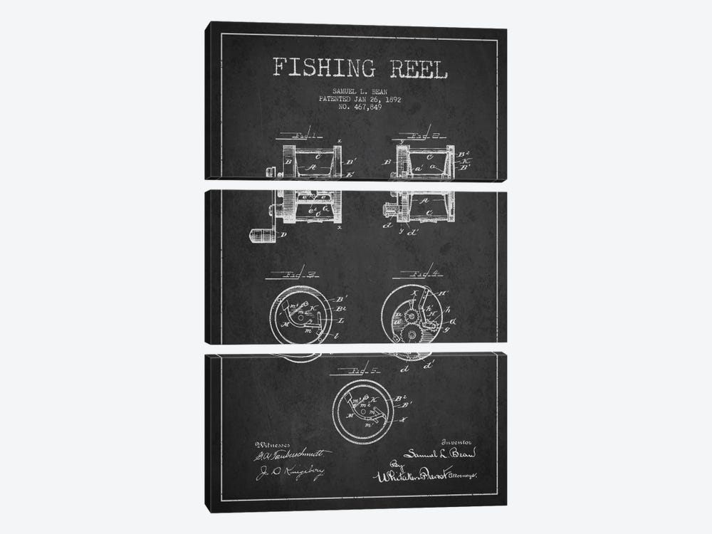 Fishing Reel Dark Patent Blueprint by Aged Pixel 3-piece Canvas Wall Art