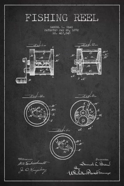 Sports Blueprints: Fishing Reel Dark Patent Blueprint by Aged Pixel