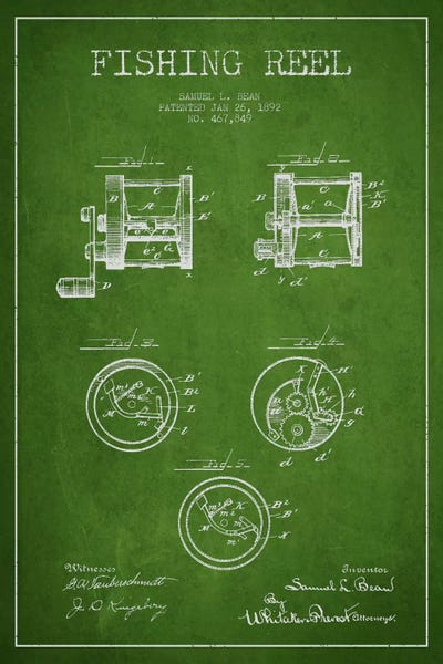 Fishing Reel Green Patent Blueprint by Aged Pixel framed canvas print