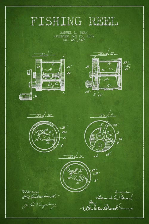 Fishing Reel Green Patent Blueprint