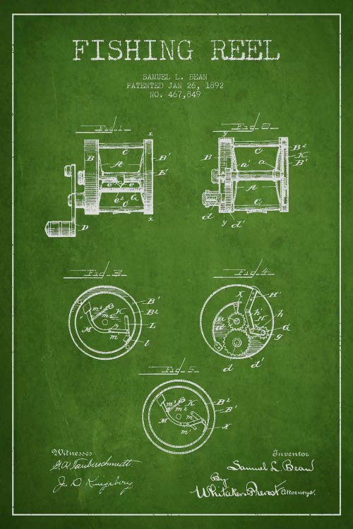 Fishing Reel Green Patent Blueprint by Aged Pixel wall art