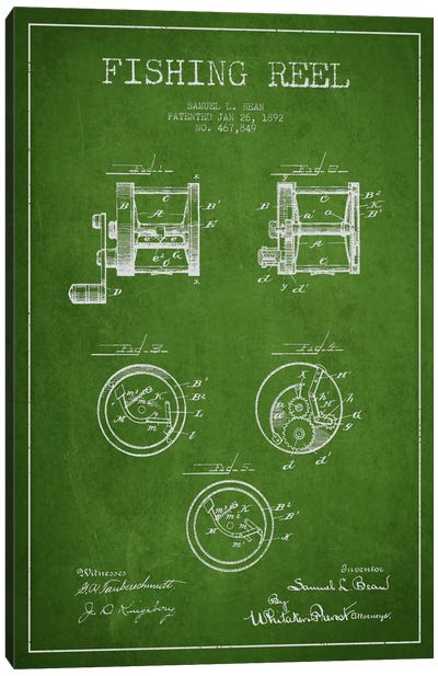 Fishing Reel Green Patent Blueprint Canvas Art Print