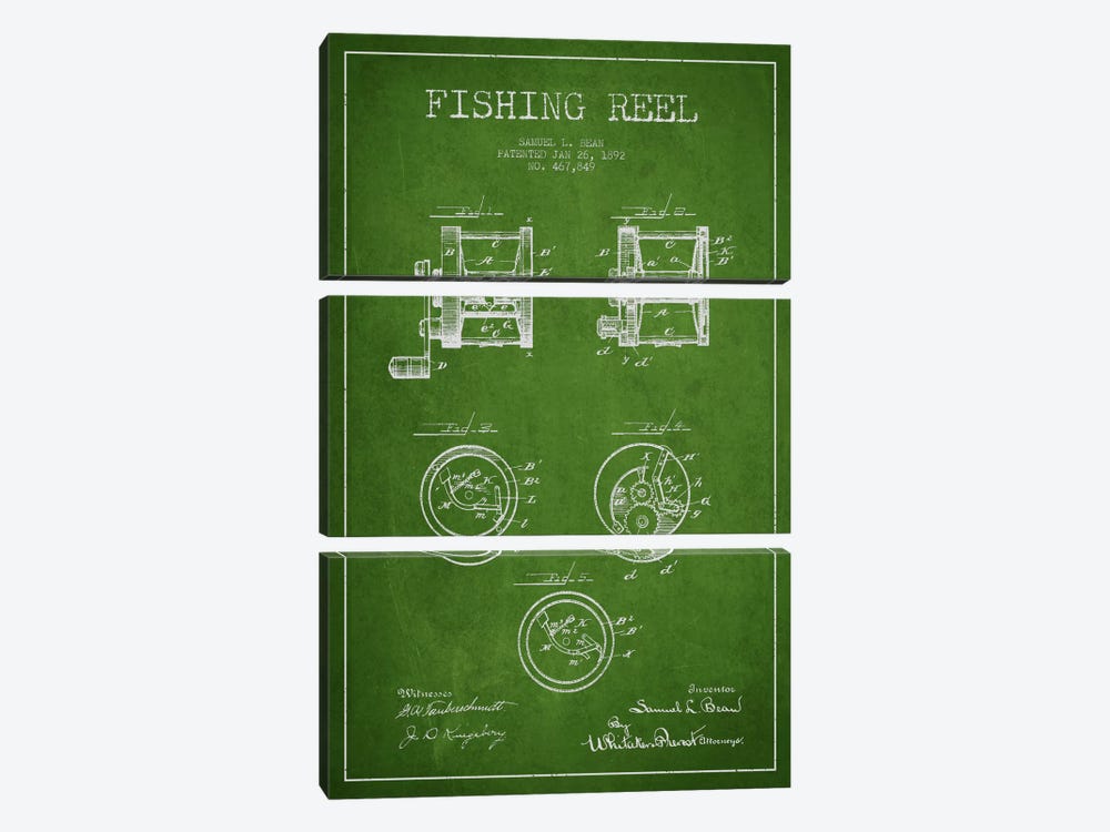 Fishing Reel Green Patent Blueprint by Aged Pixel 3-piece Canvas Art Print