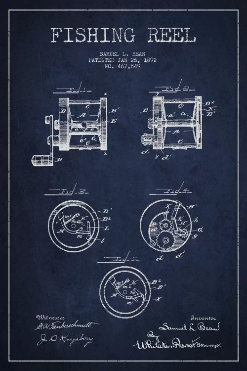Fishing Reel Navy Blue Patent Blueprint