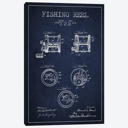Fishing Reel Navy Blue Patent Blueprint Canvas Print #ADP1136} by Aged Pixel Art Print