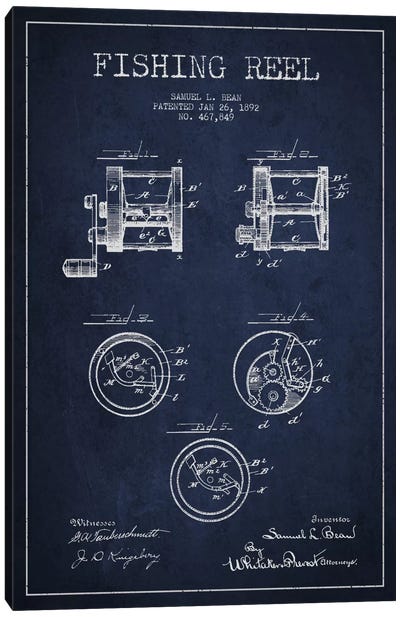 Fishing Reel Navy Blue Patent Blueprint Canvas Art Print - Aged Pixel: Sports