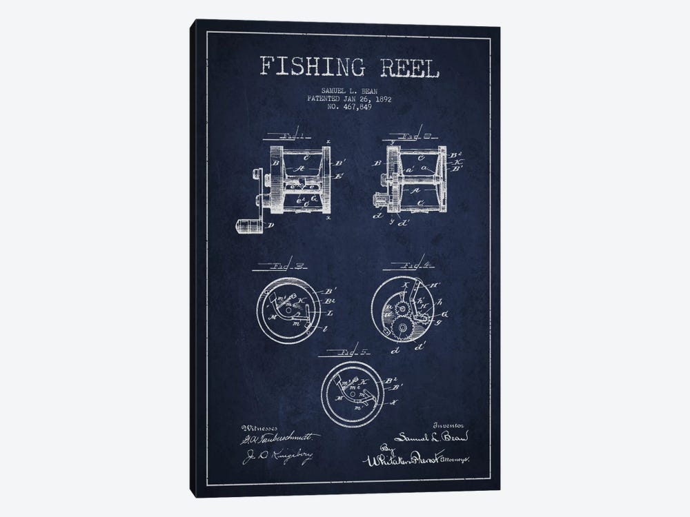 Fishing Reel Navy Blue Patent Blueprint by Aged Pixel 1-piece Canvas Art