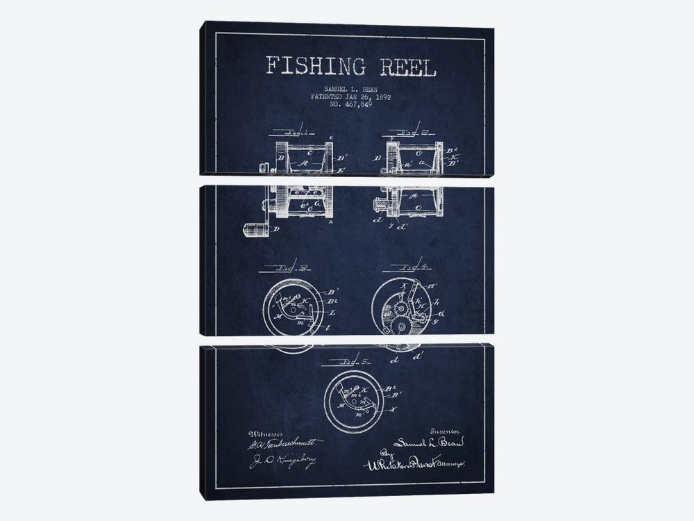 Fishing Reel Navy Blue Patent Blueprint by Aged Pixel 3-piece Canvas Artwork