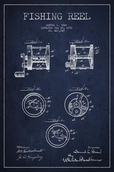 Fishing: Fishing Reel Navy Blue Patent Blueprint by Aged Pixel