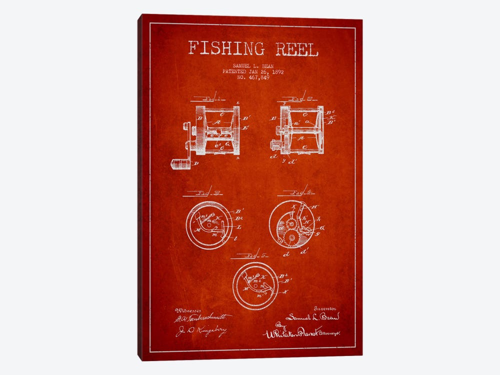 Fishing Reel Red Patent Blueprint by Aged Pixel 1-piece Canvas Art Print