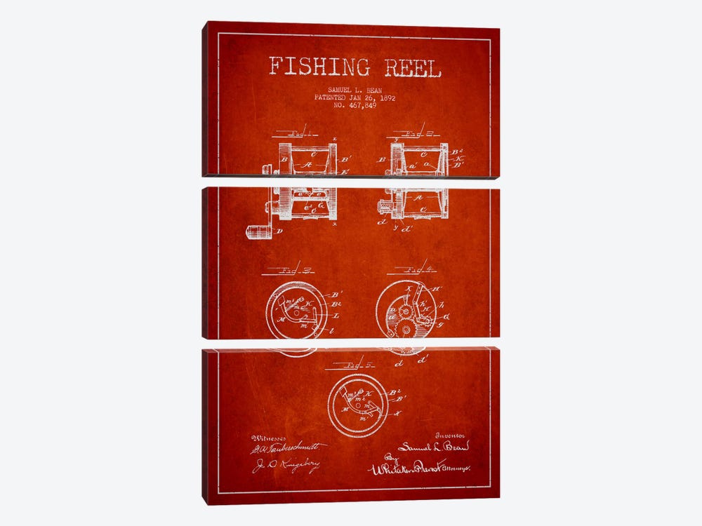 Fishing Reel Red Patent Blueprint by Aged Pixel 3-piece Canvas Print