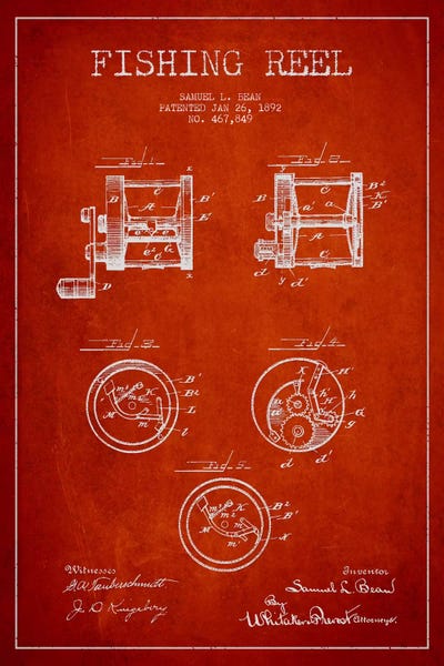 Sports Blueprints: Fishing Reel Red Patent Blueprint by Aged Pixel