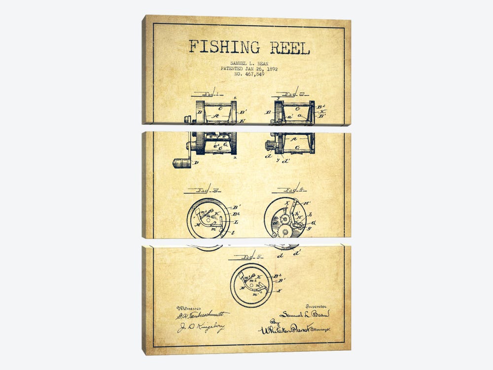 Fishing Reel Vintage Patent Blueprint by Aged Pixel 3-piece Canvas Art