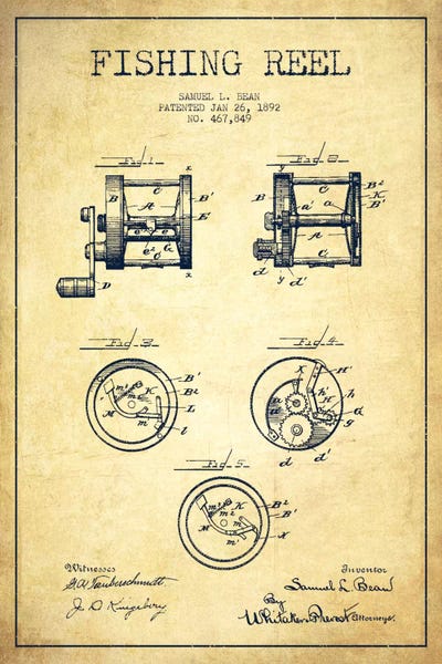 Sports Blueprints: Fishing Reel Vintage Patent Blueprint by Aged Pixel