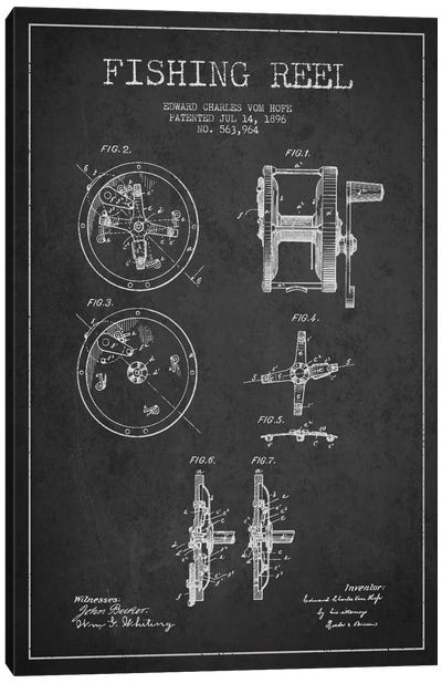 Fishing Reel Dark Patent Blueprint Canvas Art Print - Sports Blueprints